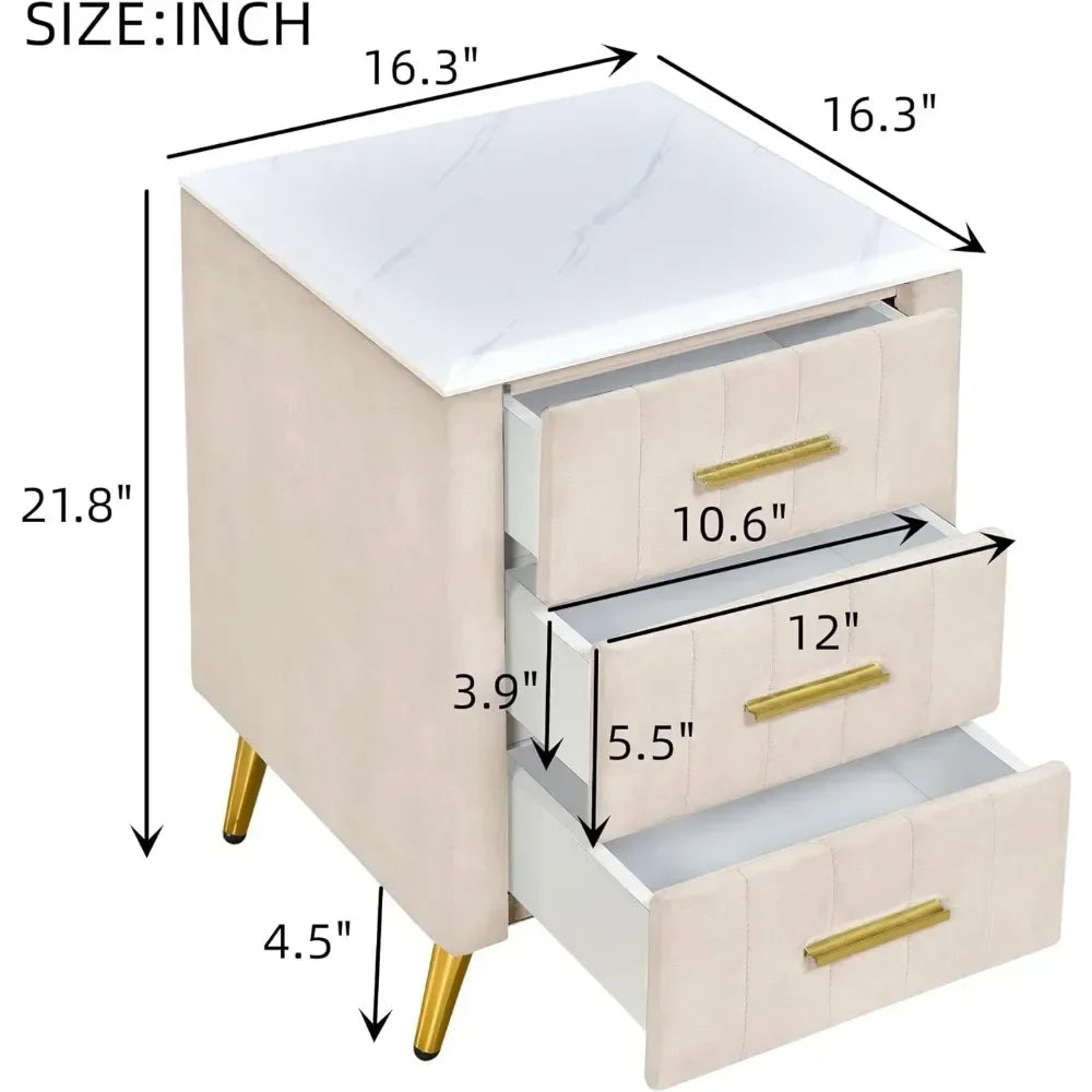 NYLAH Elegant Velvet Upholstered Nightstand with Marbled Top – 16.3" Wide, 3-Drawer End Table