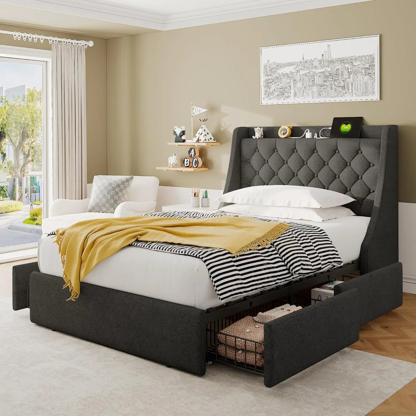 ADDISON Modern Upholstered Full Bed Frame with 4 Storage Drawers & Charging Ports - 56''