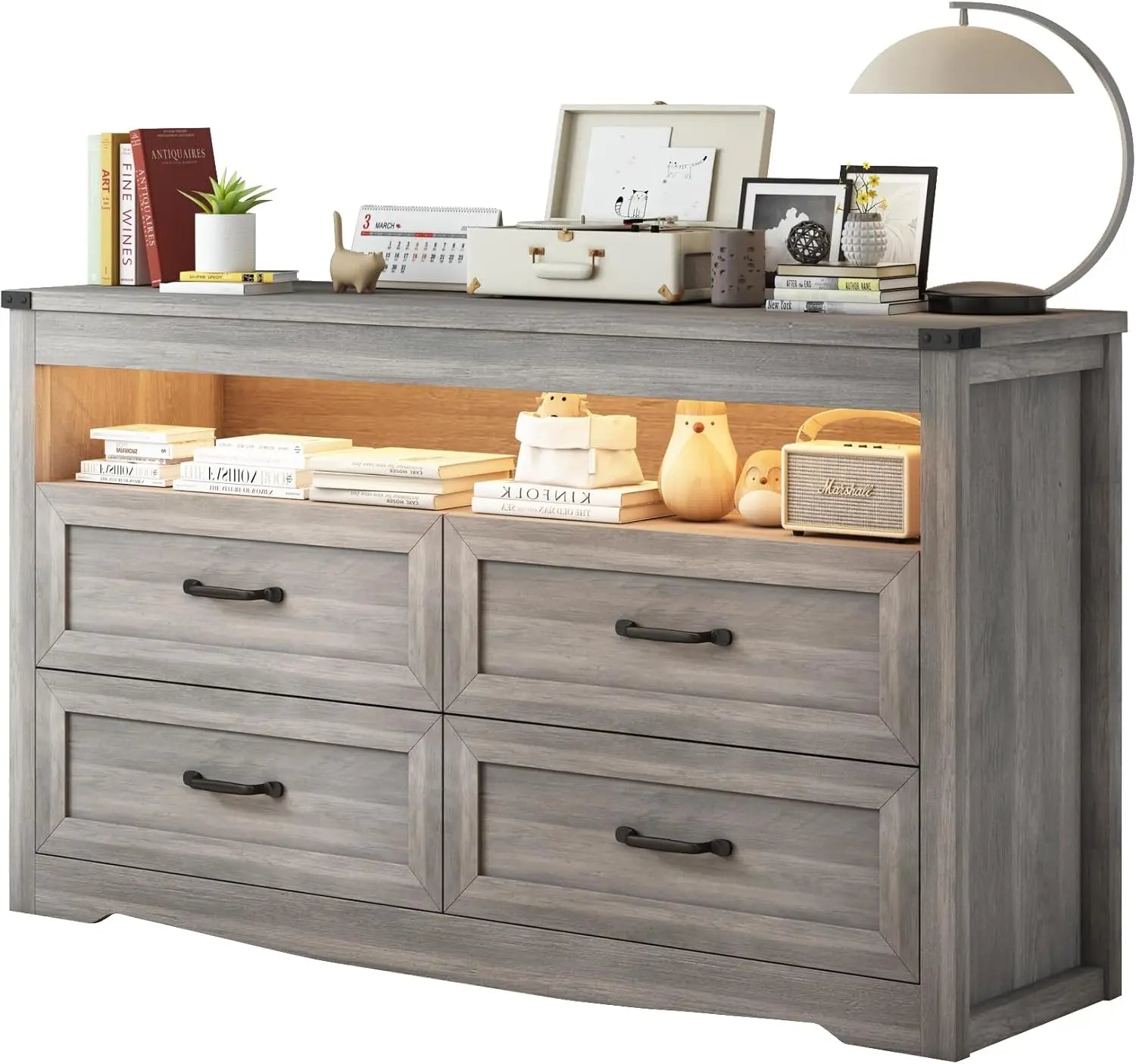 EVIE Rustic LED Bedroom Dresser – 4 Drawer Wooden Storage Chest with Open Shelf | 47.2'' W
