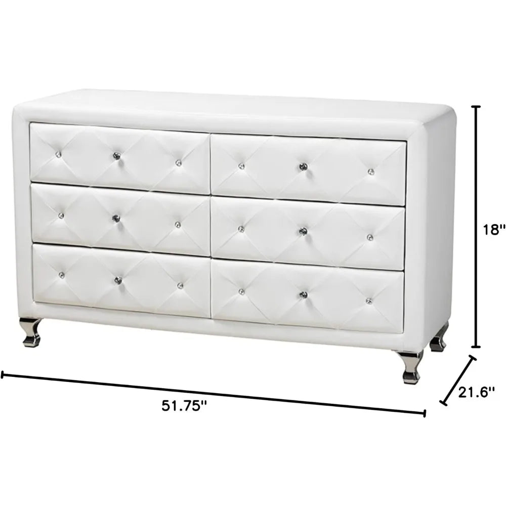 DANIELA Modern White Faux Leather Upholstered 6-Drawer Dresser - 51.75'' Wide