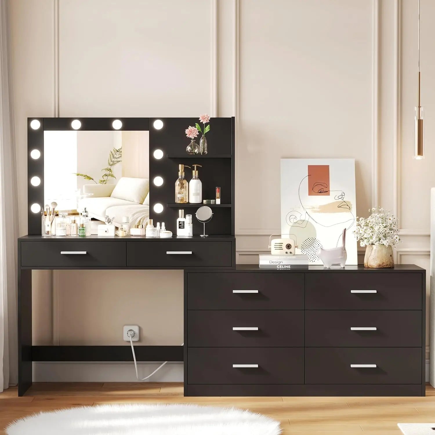 WREN Modern 65" Lighted Makeup Vanity Desk with 8 Drawers & Adjustable Width - Black/White