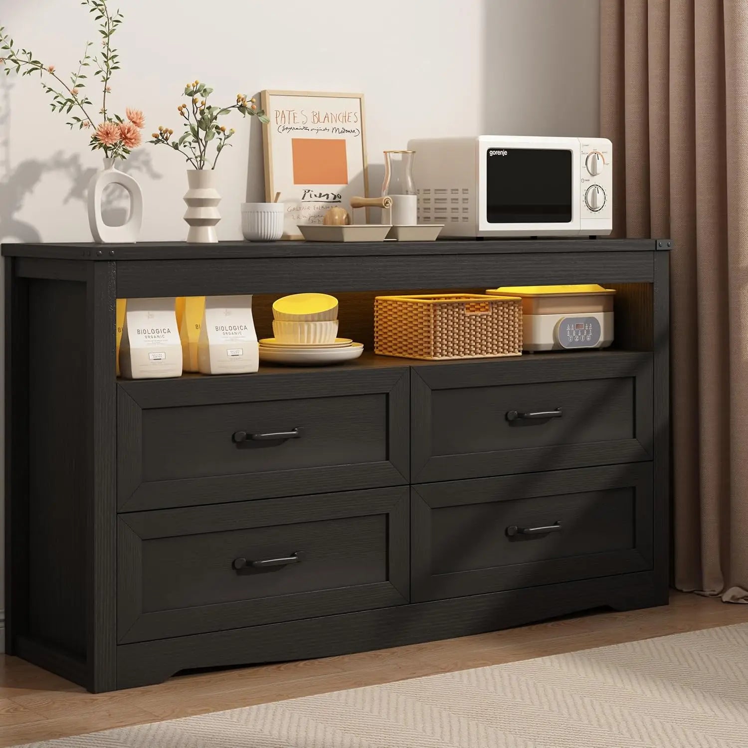 EVIE Rustic LED Bedroom Dresser – 4 Drawer Wooden Storage Chest with Open Shelf | 47.2'' W