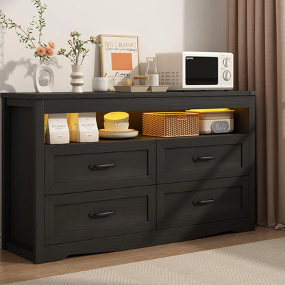 EVIE Rustic LED Bedroom Dresser – 4 Drawer Wooden Storage Chest with Open Shelf | 47.2'' W