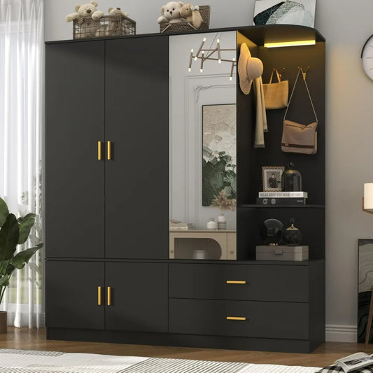 KATALINA Wooden Armoire Wardrobe Closet with Mirror & Sensor Light – 63" Wide Storage Cabinet