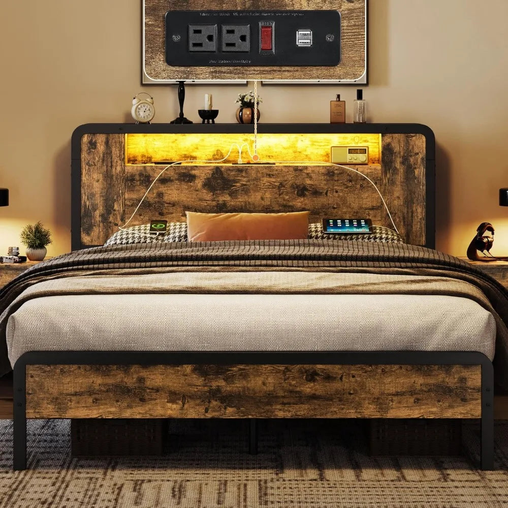 SIENNA Rustic Industrial Queen Bed Frame with Wooden Headboard, Footboard & LED Lights – 60''