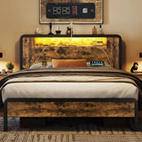 SIENNA Rustic Industrial Queen Bed Frame with Wooden Headboard, Footboard & LED Lights – 60''