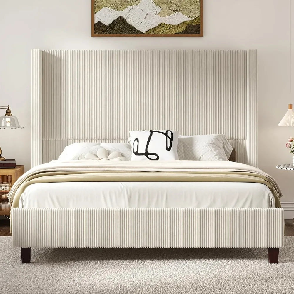 AYLA Modern Corduroy Upholstered Platform Bed Frame – 61" Vertical Stripe Wingback Headboard