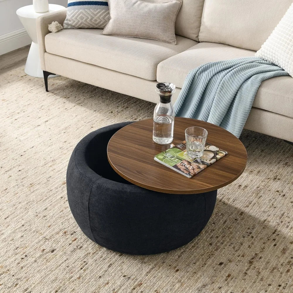 JUSTIN Modern Round Storage Ottoman with Wooden Lid – 25.5" W