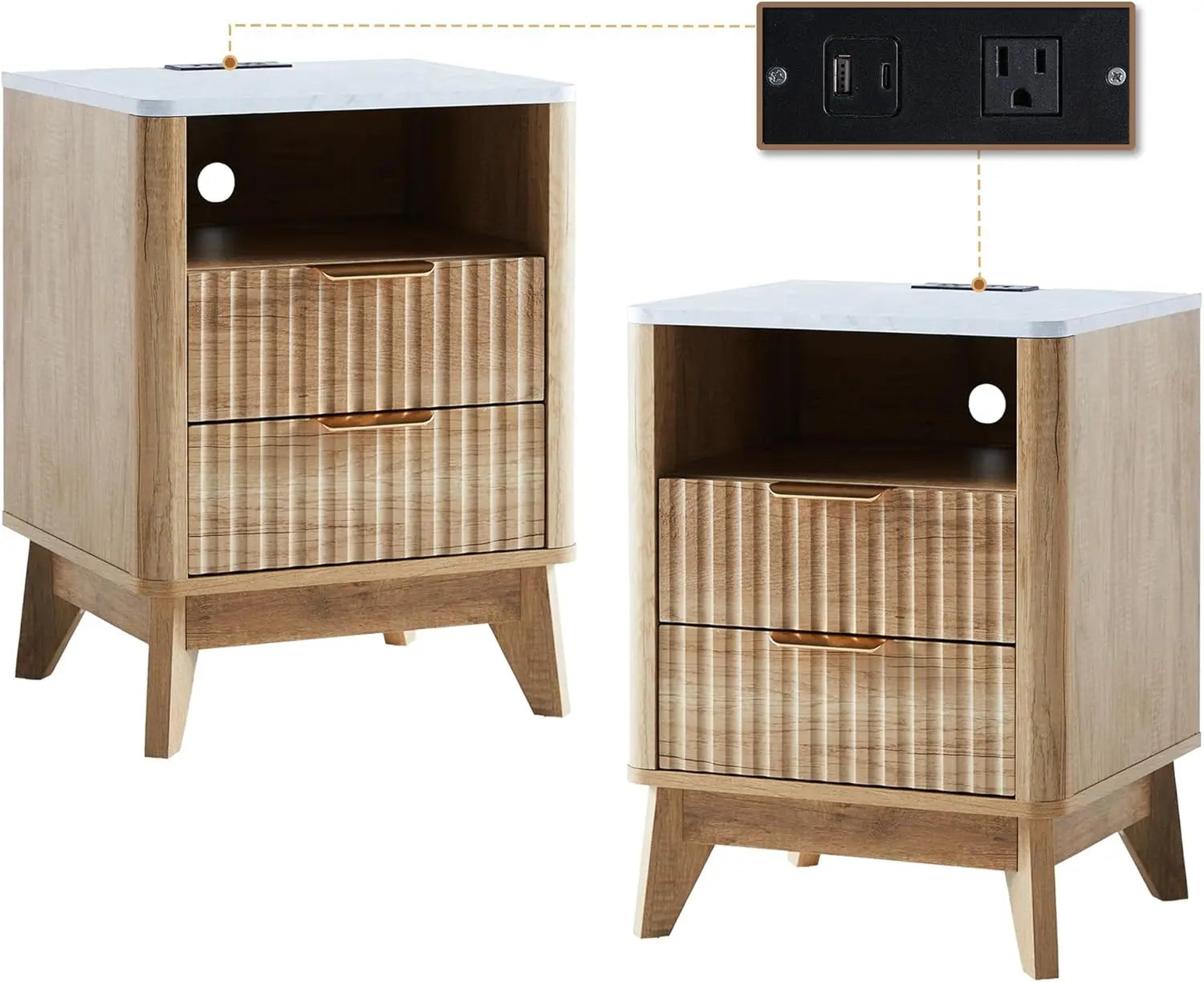 LUCIANA Fluted Farmhouse Nightstand Set of 2 with Charging Statio