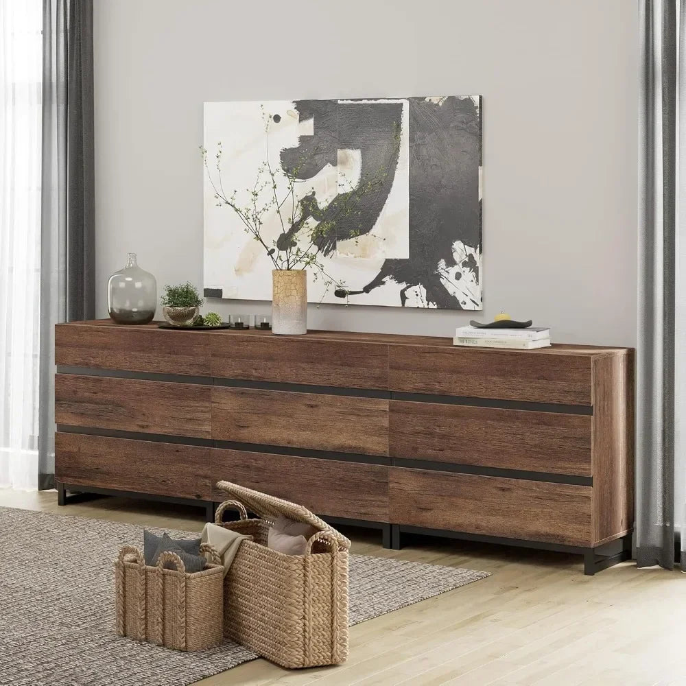 ADA Modern Walnut Grain 9-Drawer Dresser - 94.5" Wide Bedroom Storage Unit