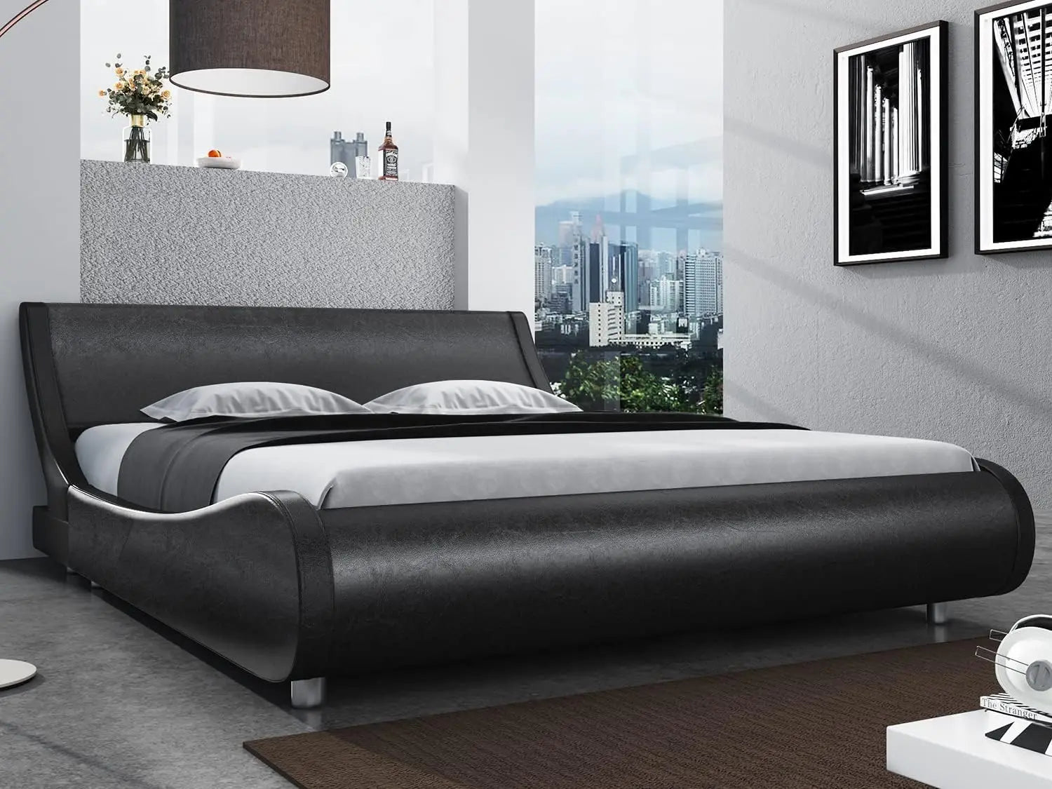 EMERSYN Modern Faux Leather Sleigh Platform Bed Frame - Queen Size - 65.7''