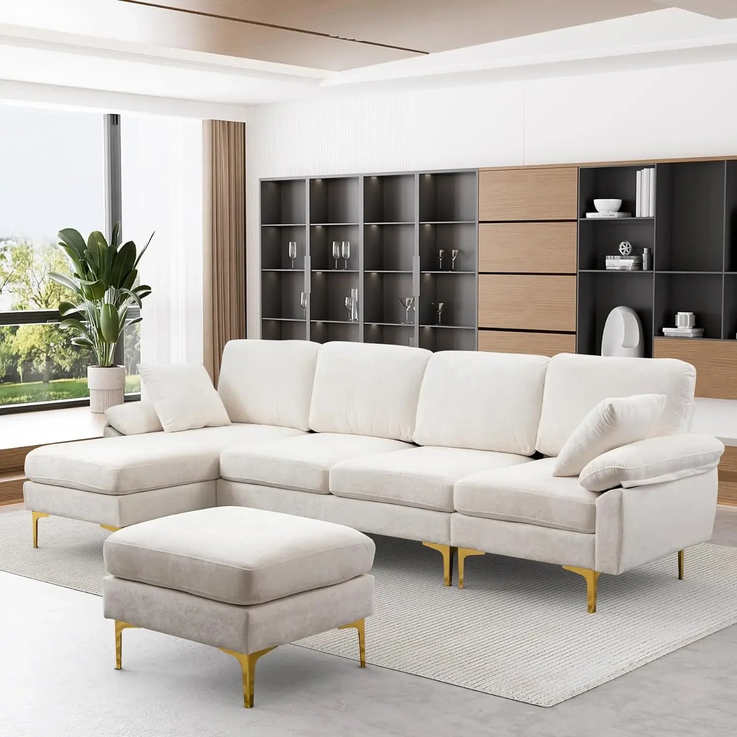 RYKER Modern Velvet U-Shaped Sectional Sofa with Chaise & Ottoman – Sectional Couch – 114.17" W