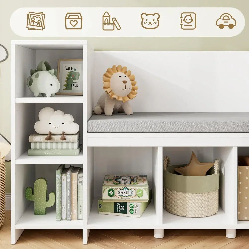 NOAH Reading Nook with Cushion, Bookcase & Storage Cubbies – 67" W