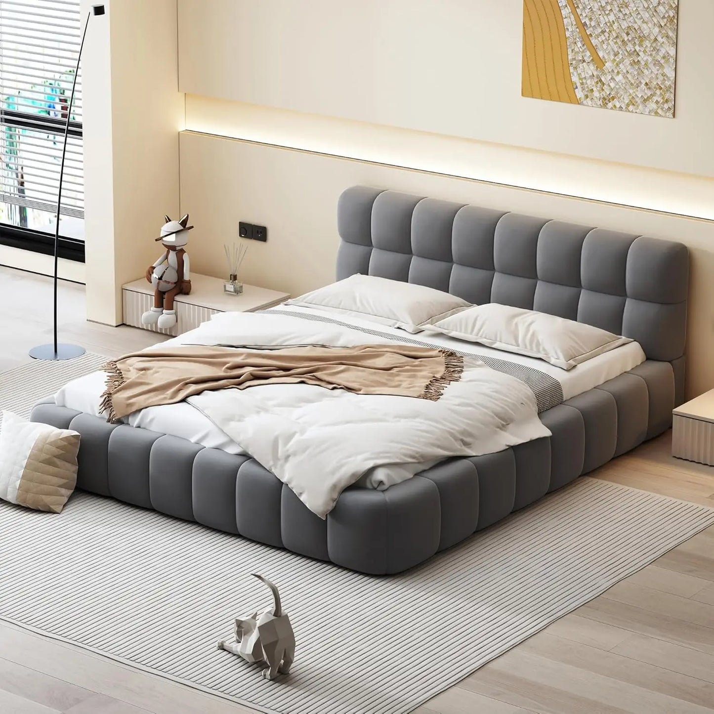 ELLIE Modern Queen Upholstered Bed Frame with Wingback, Linen Low Platform Bed