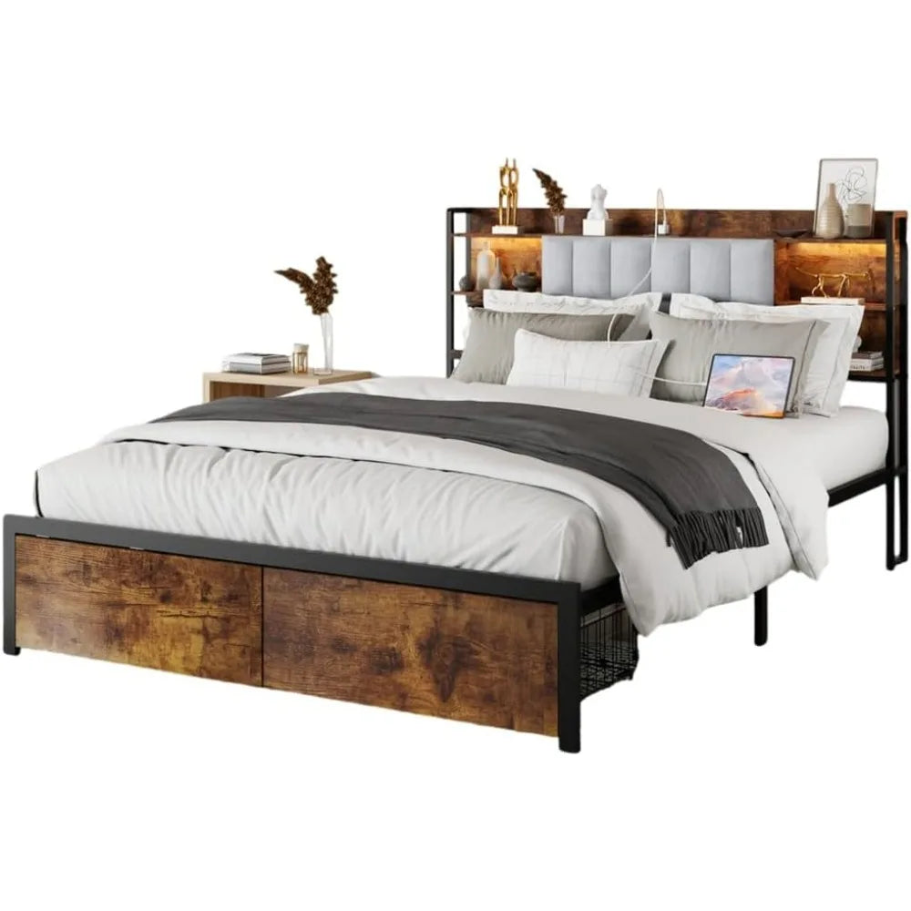 PENELOPE Modern Industrial Bed Frame with Storage & LED Headboard – 60'' Wide Metal & Wood Platform Bed