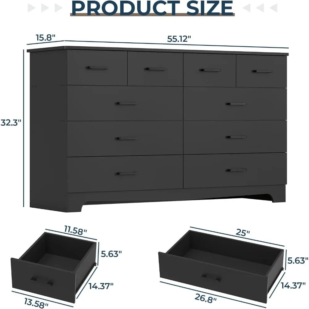 ZURI Modern 55" Wide 10-Drawer Dresser with Power Outlets - Bedroom Storage Organizer