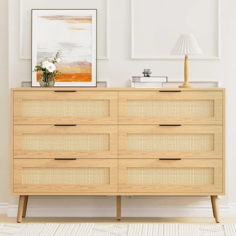 ADALYN Modern Rattan 6-Drawer Dresser - 47" Wooden Storage Chest for Bedroom & Living Room