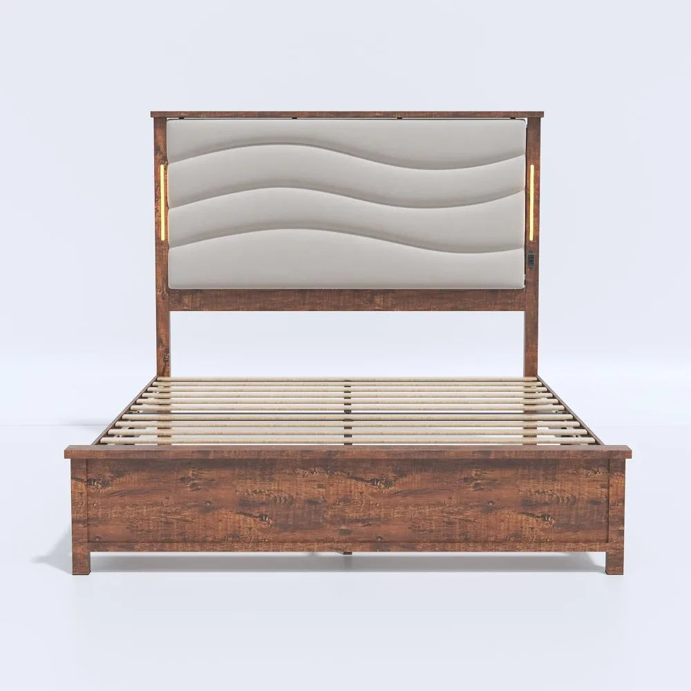 ELIZABETH Wooden Platform Bed Frame with Tall Headboard and Charging Station