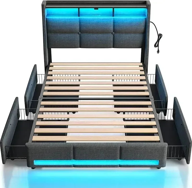 DELILAH Modern Upholstered Bed Frame with LED Lights, Storage Drawers & Charging Station