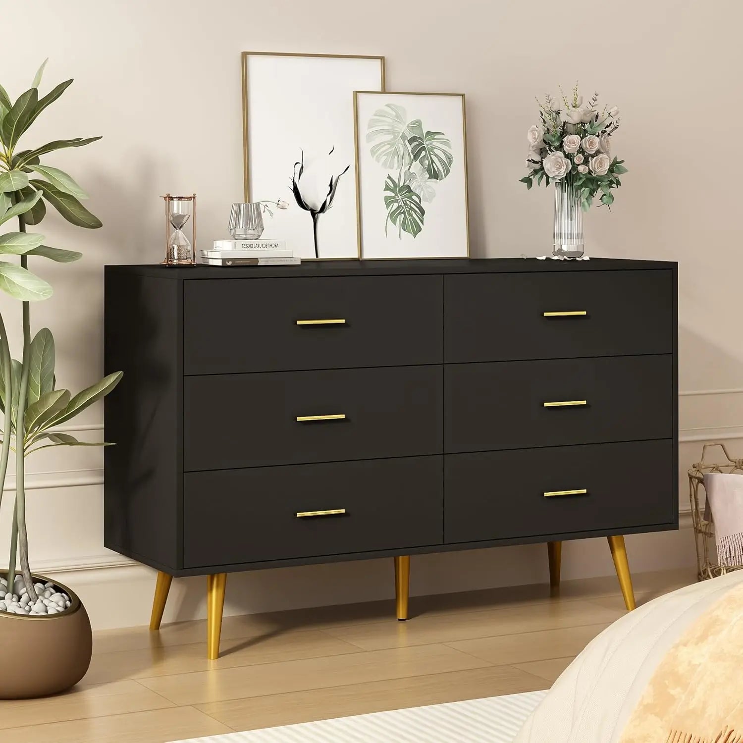 KAYLANI Modern 6-Drawer Wood Dresser with Gold Handles - 42.2" Wide
