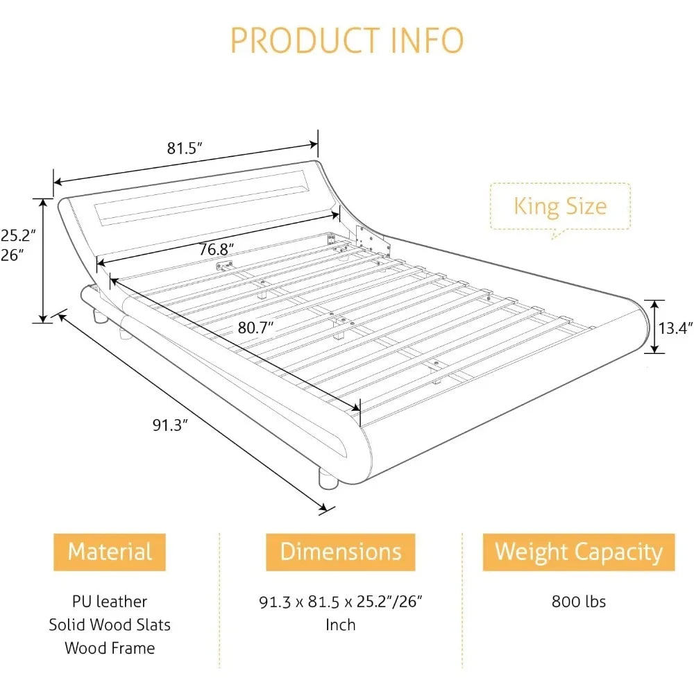 PAISLEY Modern Faux Leather Low-Profile Sleigh Bed Frame with LED Headboard