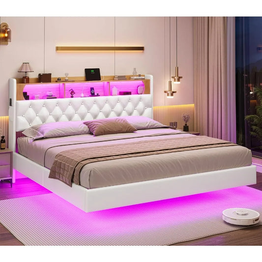 ARIA Modern Floating King Bed Frame with LED Lights & Storage Headboard - 79" Wide