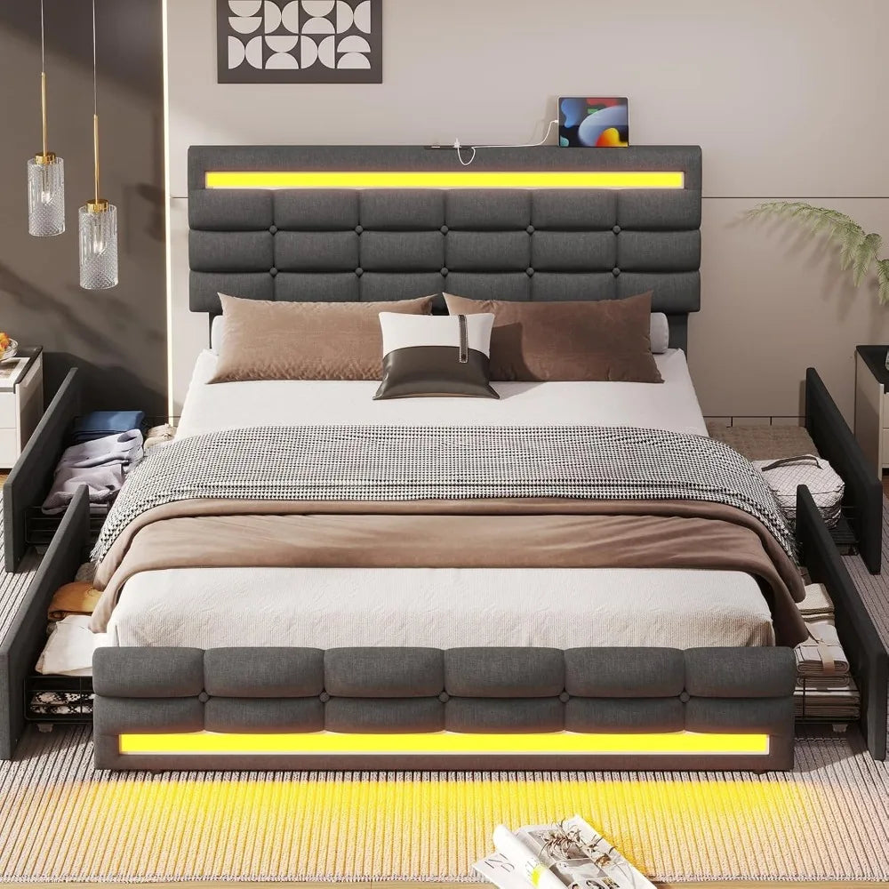 Maeve Modern Queen Bed Frame with Adjustable LED Headboard and Storage Drawers