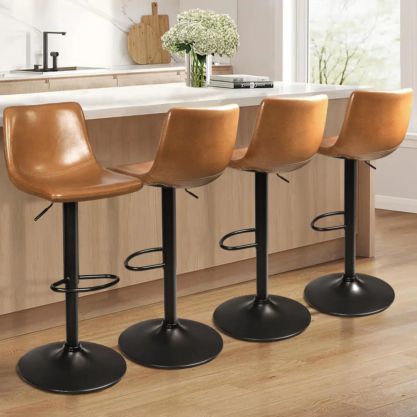 Adjustable Swivel Bar Stools Set of 2,Counter Height Bar Stools with Back,350 LBS PU Leather Bar Stool