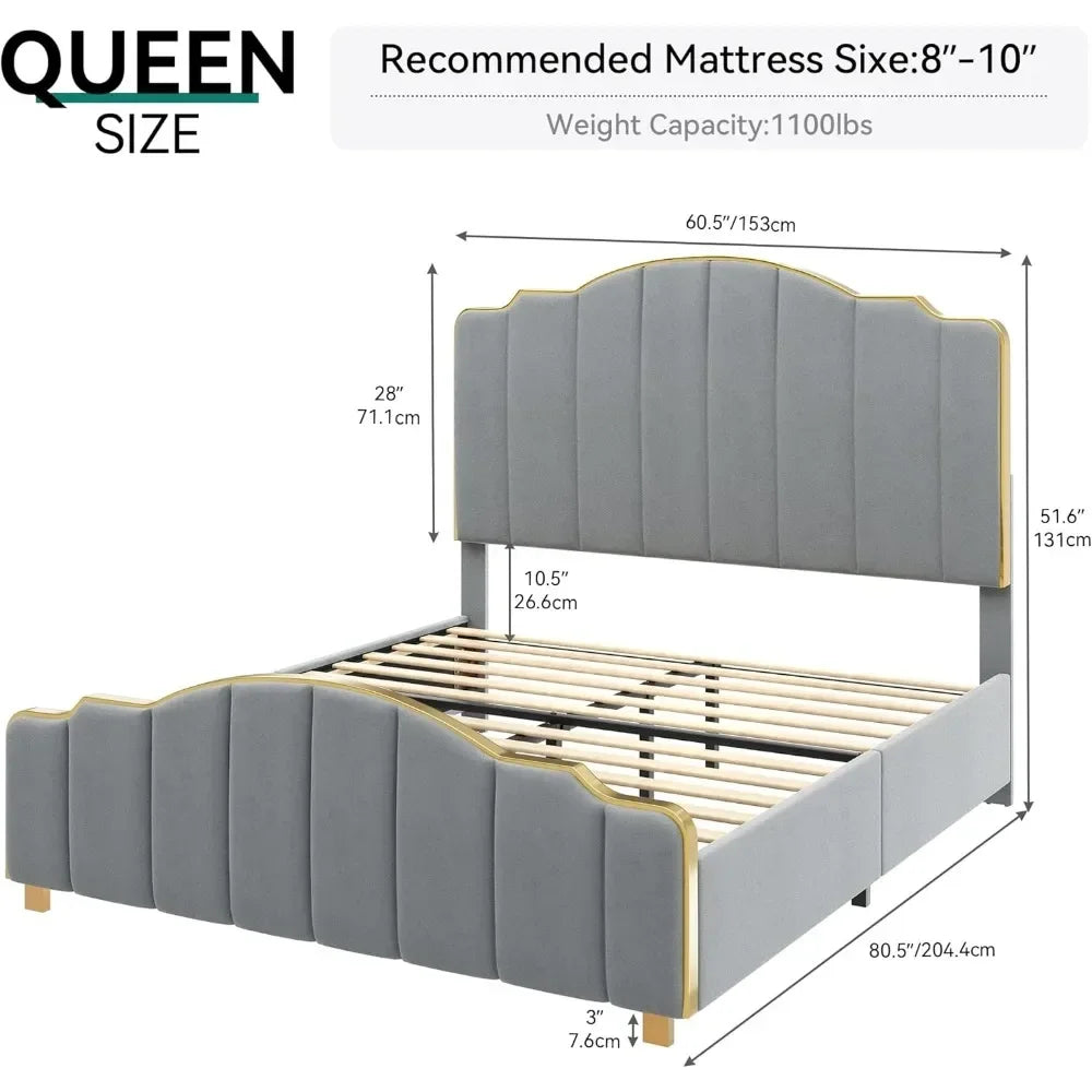 GEORGIA Harp-Style Velvet Queen Bed Frame with Gold Trim – 60” Wide Platform Bed