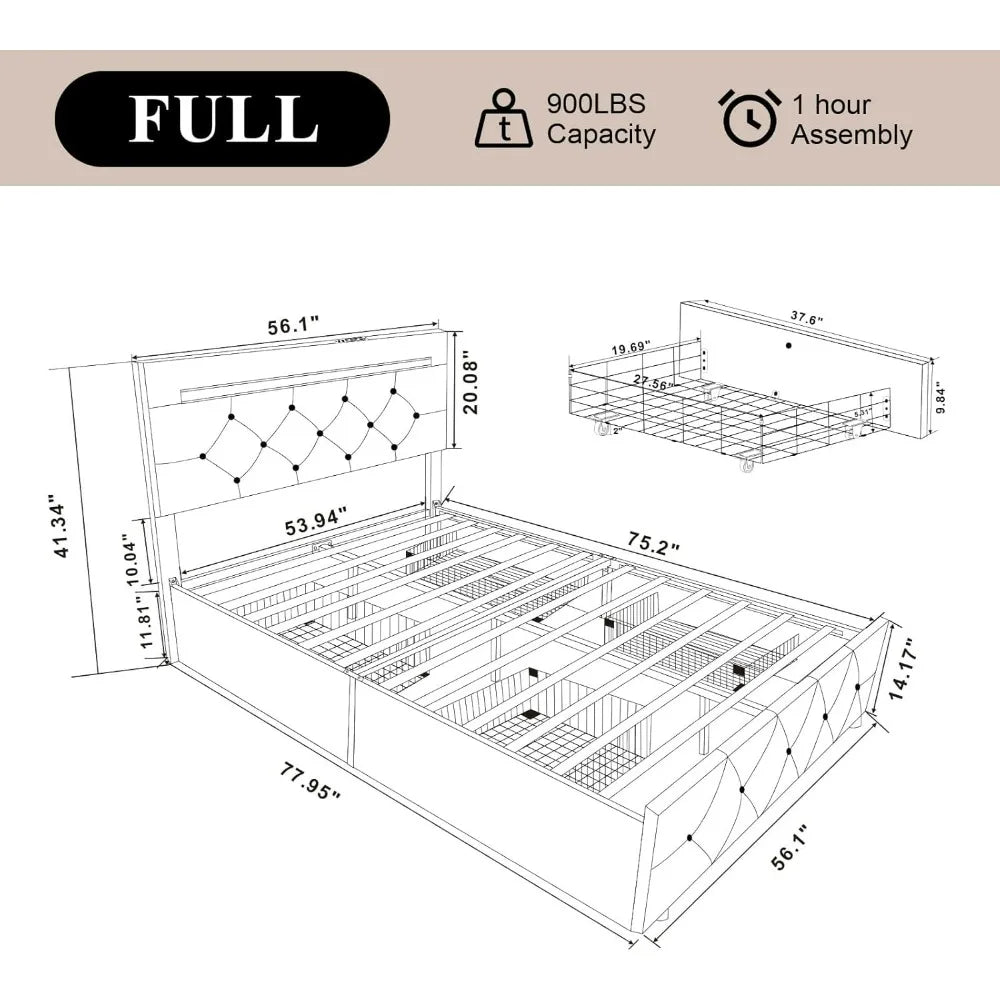 MARGOT Modern Upholstered Full Size Storage Bed Frame with LED Headboard & Charging Station - 55''