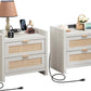 LAUREN Farmhouse Oak Rattan Nightstand Set – 23.6" Wide 2-Drawer Bedside Table with Type-C Charging Station