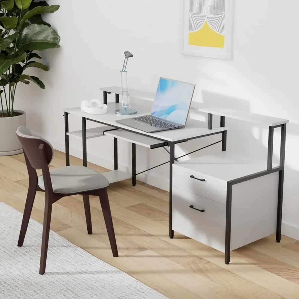 OLIVIA Gaming Desk with LED Lights & Power Outlets Storage Shelves- 63"W