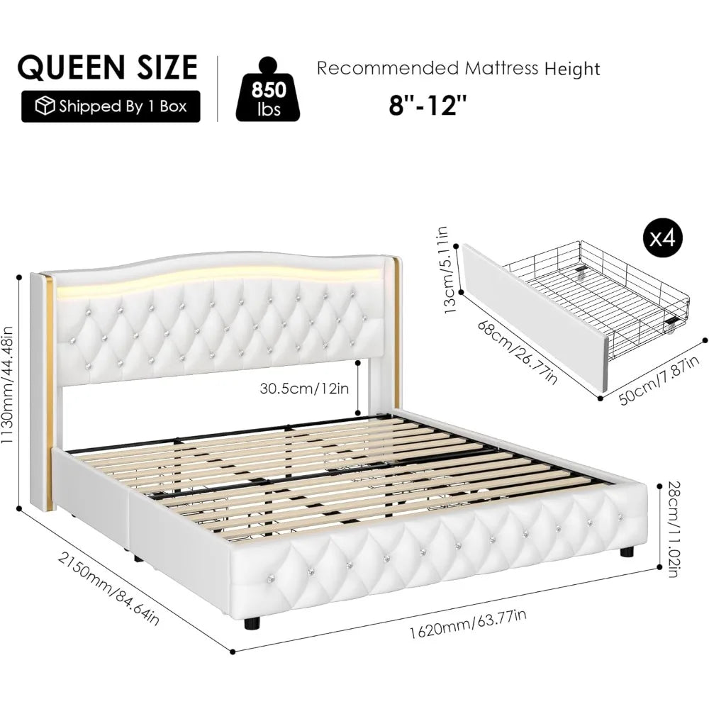 PIPER Modern LED Platform Bed Frame with Crystal Tufted Headboard & Storage Drawers - 60''