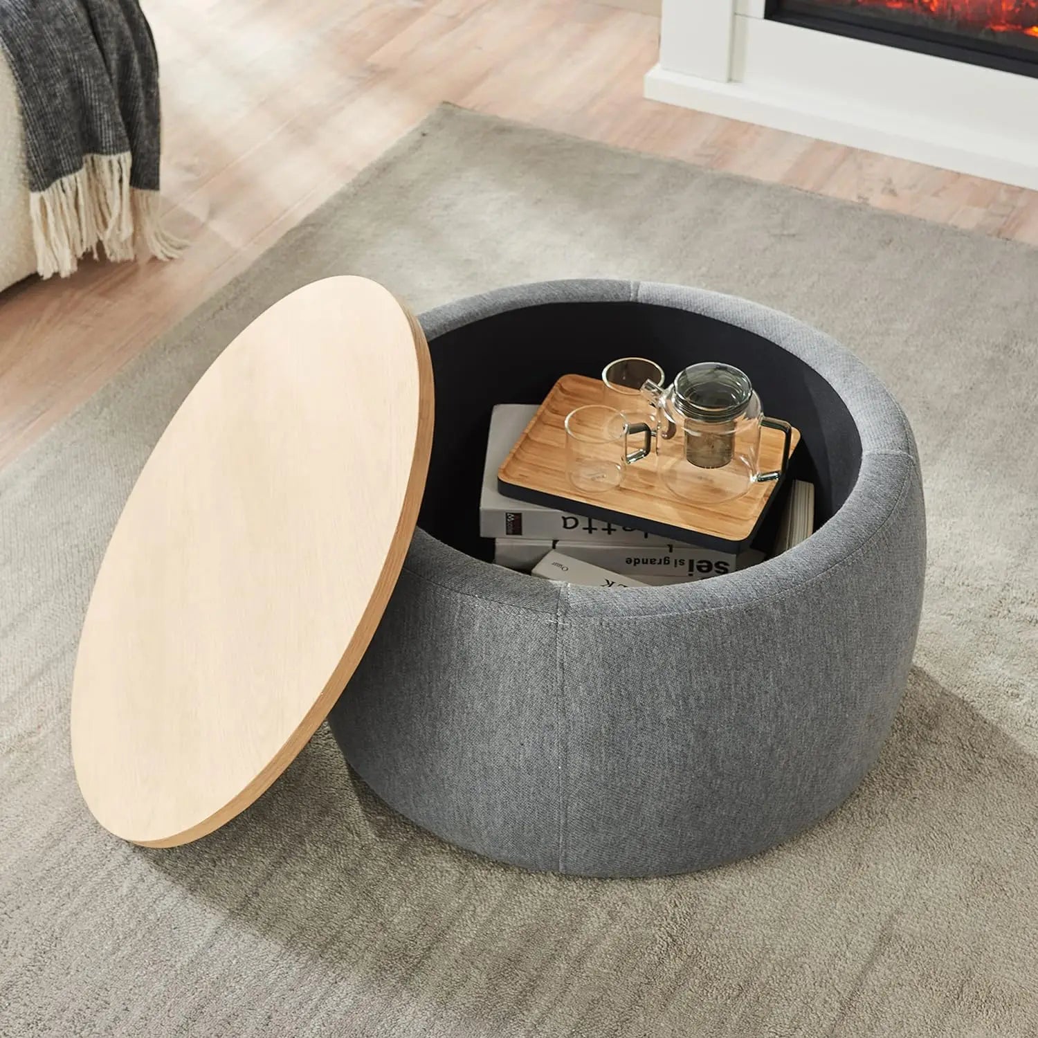JUSTIN Modern Round Storage Ottoman with Wooden Lid – 25.5" W