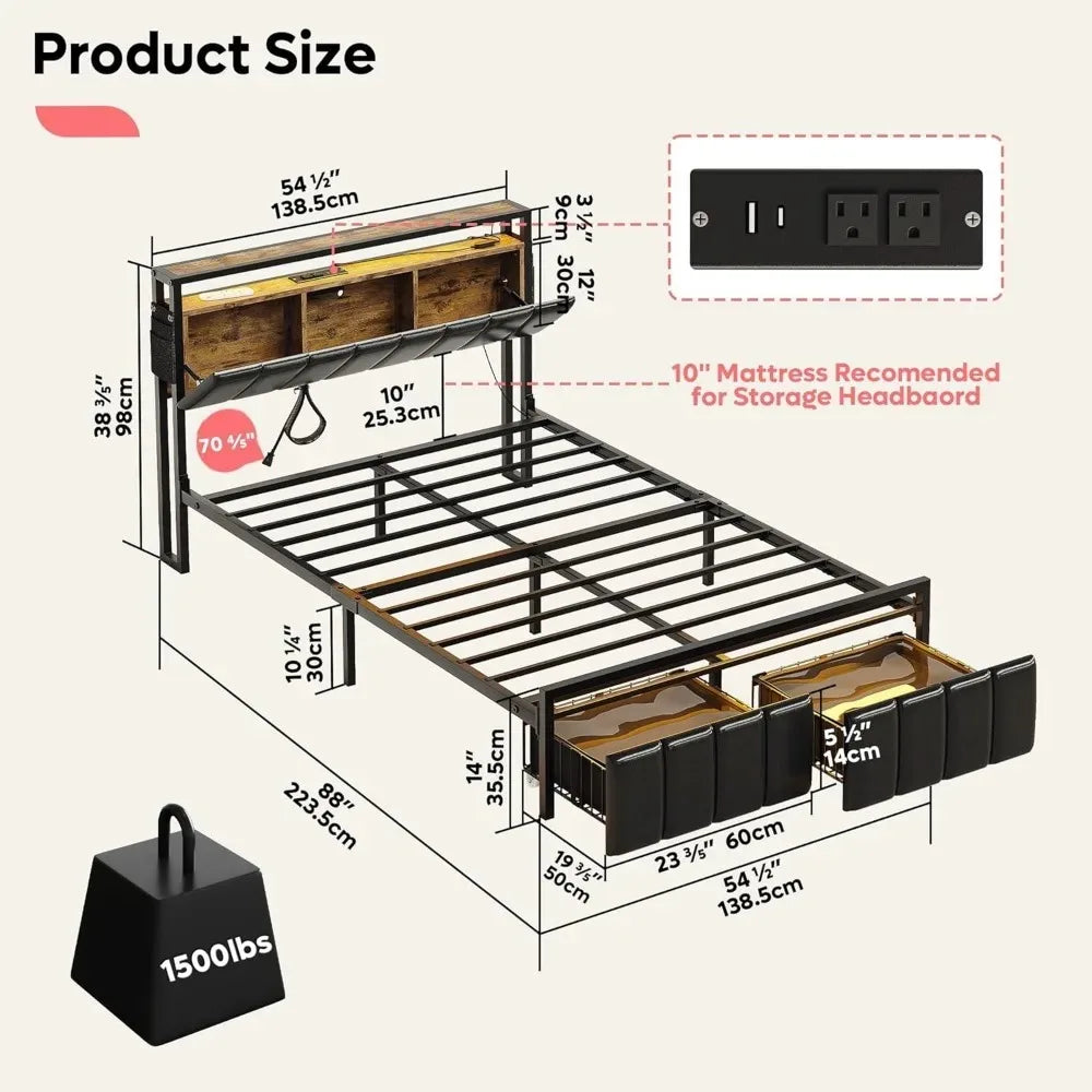 BLAKELY Vintage Rustic King Bed Frame with Hidden Storage & LED Lights - 76''