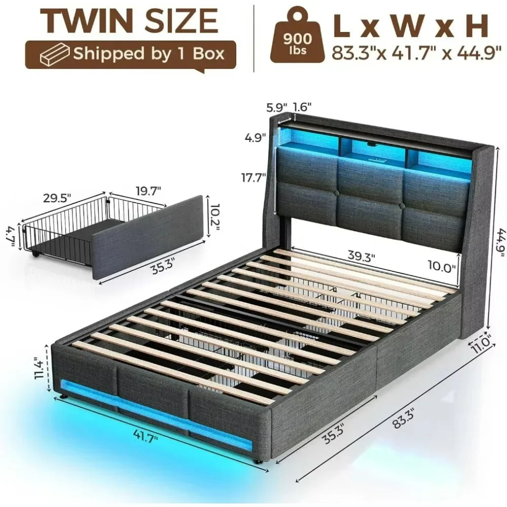 Halo Modern LED Upholstered Bed Frame with Storage Drawers and Headboard 78.7'' Wide