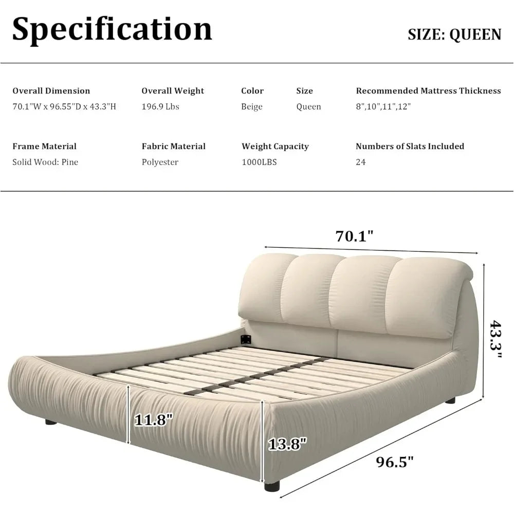 ZOE Luxury Queen Size Upholstered Platform Bed - Cloud Design, Soft Frame