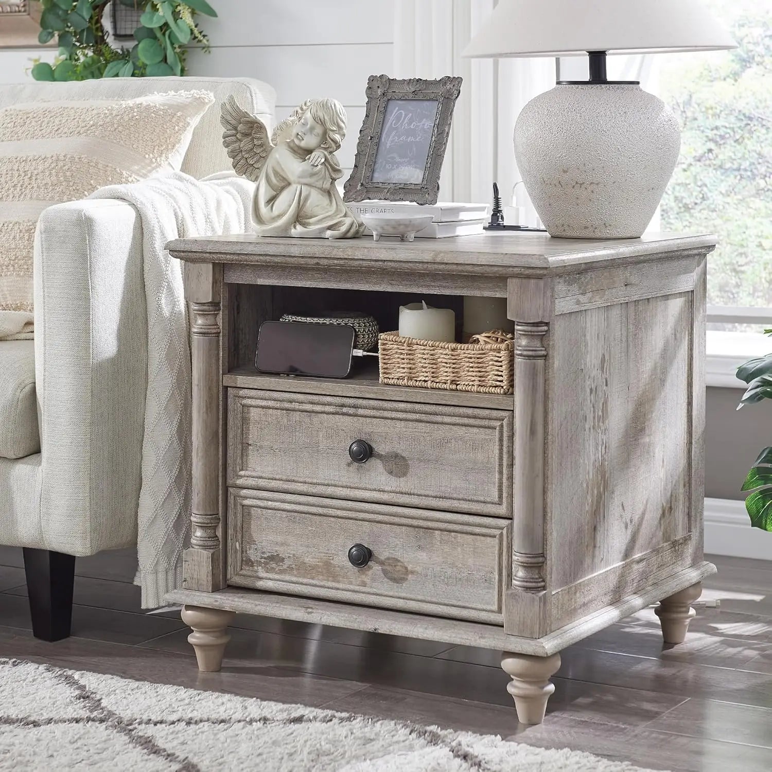 PAYTON Farmhouse End Table - Rustic Wood Nightstand with Charging Station