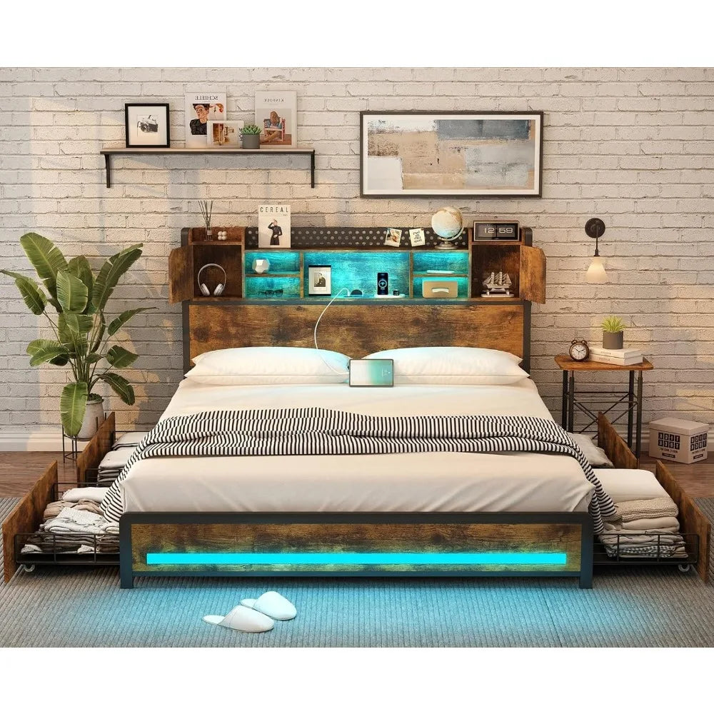 SOPHIA Industrial Style Queen Platform Bed Frame 61.4" Wide with LED Lights