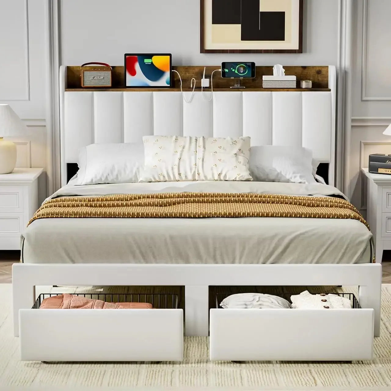 Ailany Modern Upholstered Queen Bed Frame with Storage Drawers