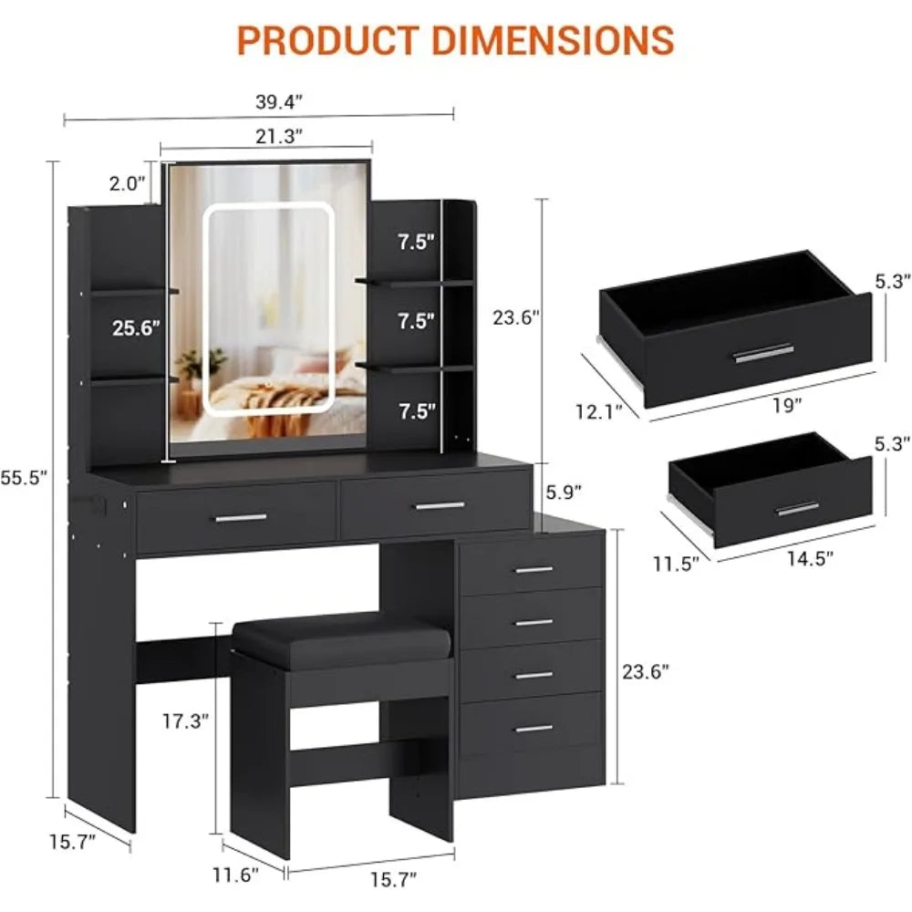 MYLA Modern Black Vanity Desk Set with LED Mirror & 6 Drawers - 43.9" Wide