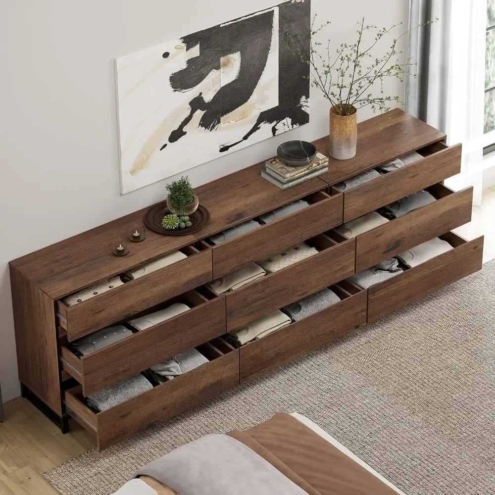 ADA Modern Walnut Grain 9-Drawer Dresser - 94.5" Wide Bedroom Storage Unit