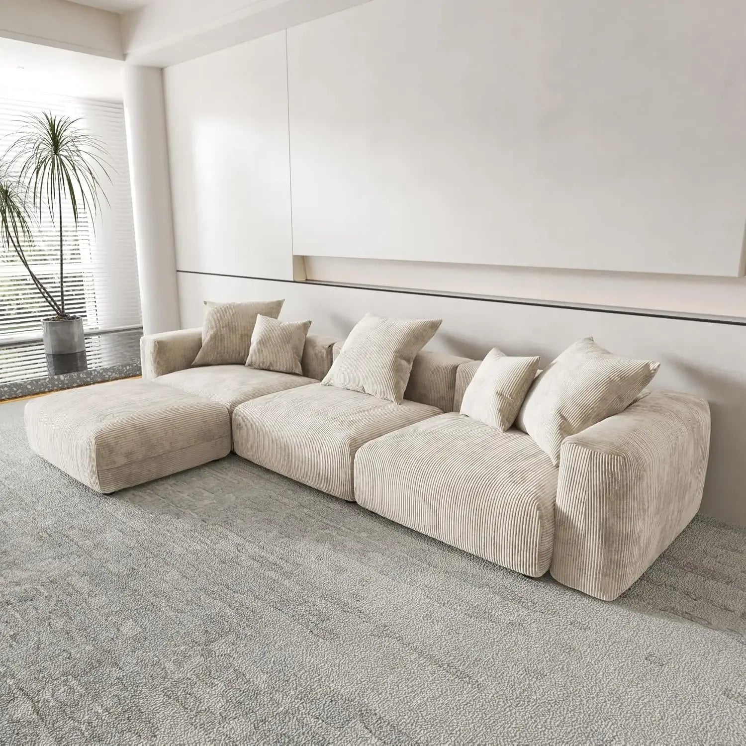 JESUS Modern Corduroy L-Shaped Modular Sectional Sofa – Oversized Couch with Ottoman, 141.73"W