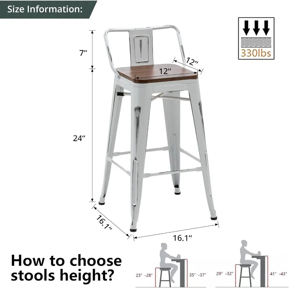 24" Metal Bar Stools Set of 4 Counter Height Barstools Industrial Counter Stool Kitchen Bar Chairs with Modern Wooden