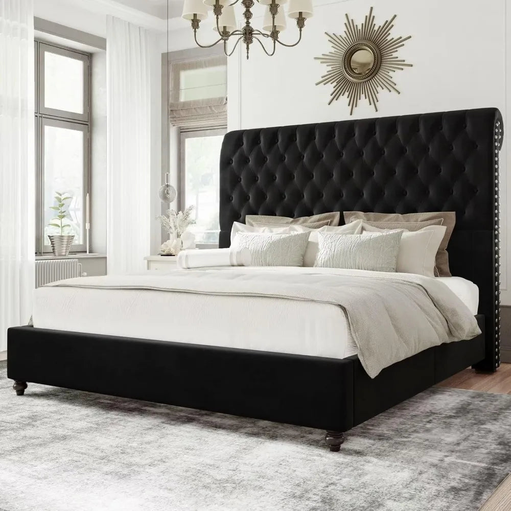 MADELINE Velvet Sleigh Platform Bed – Button Tufted Upholstered Headboard | 52.8" Tall