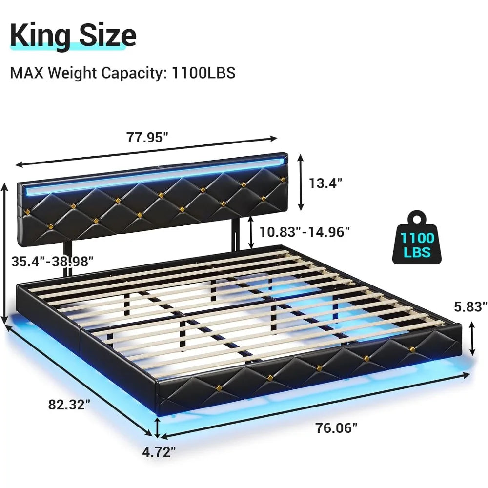 CHARLOTTE HaloTech Modern Floating LED Bed Frame | King Size 76.6" Wide Faux Leather Platform Bed