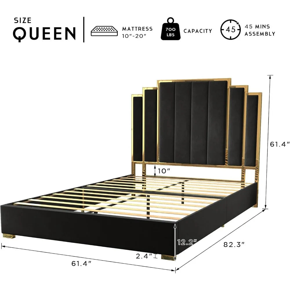 VALERIA Modern Queen Size Velvet Upholstered Bed Frame with 61" Gold Trim Headboard