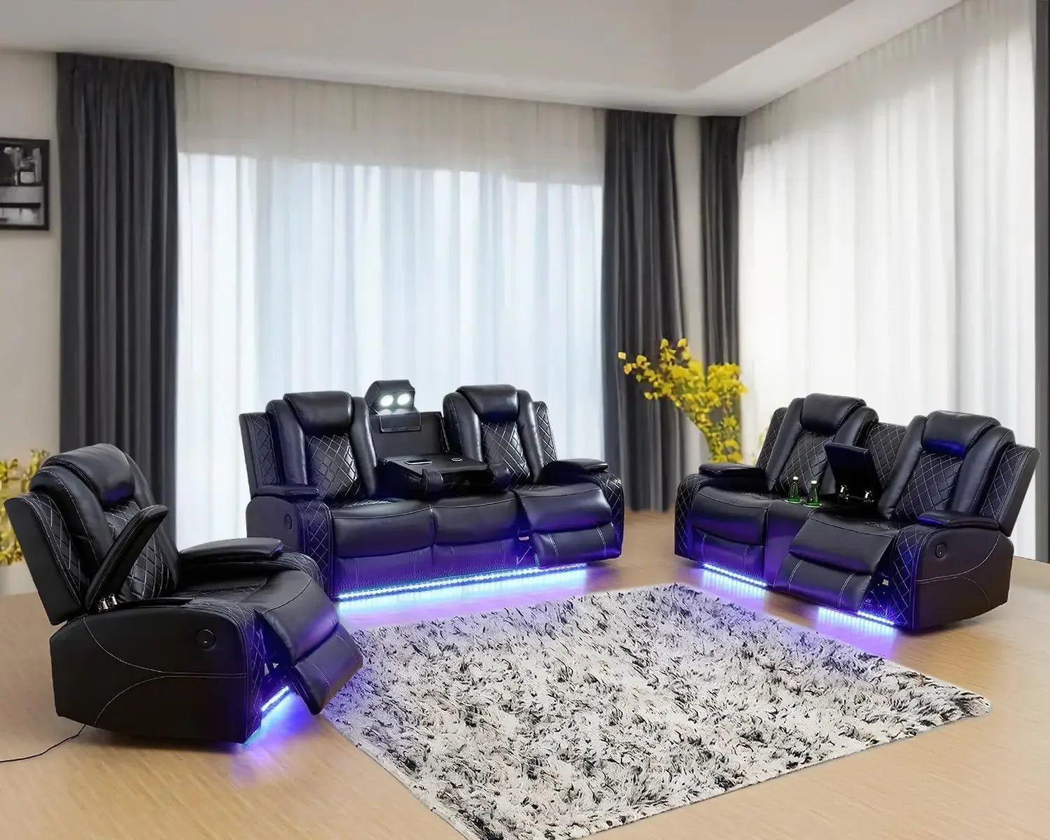 JUAN Leather Power Recliner Sofa Set with LED, USB Port & Cup Holder  83" W