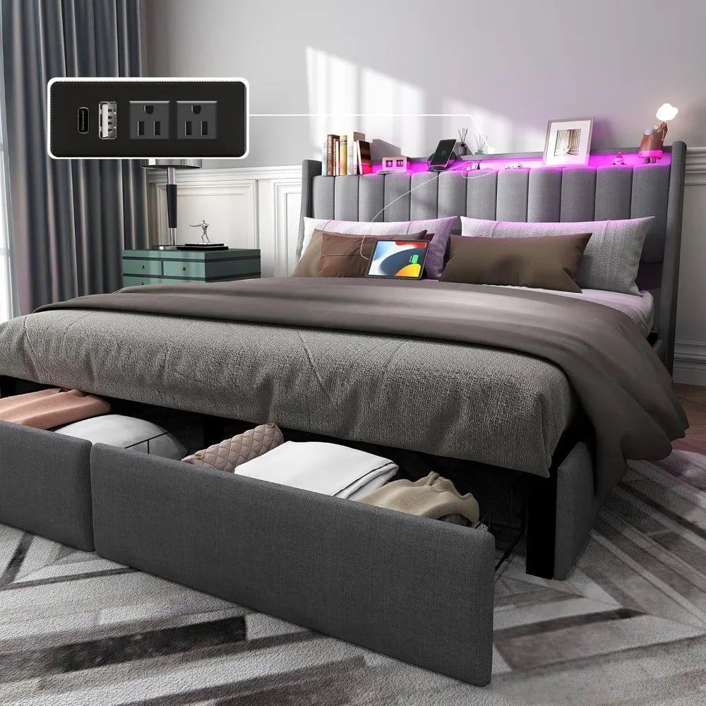 GIANNA Modern Upholstered Bed Frame with Storage Drawers, LED Headboard