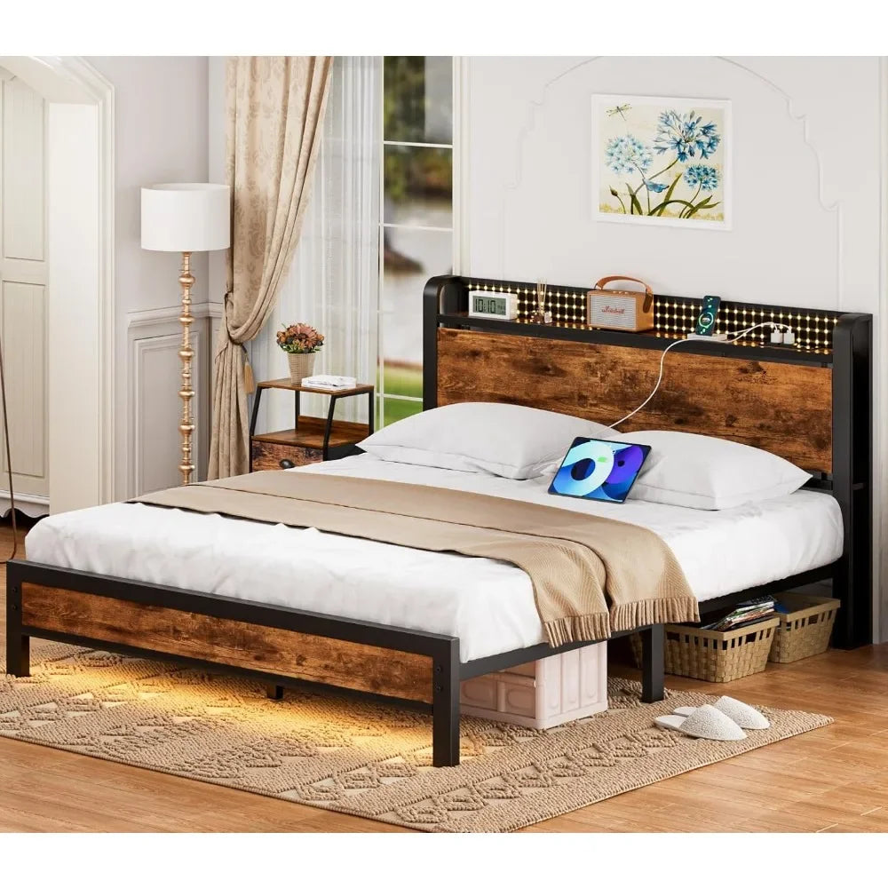 HAZEL Rustic Industrial Queen Bed Frame with LED Lights & Storage Headboard - 60” Wide